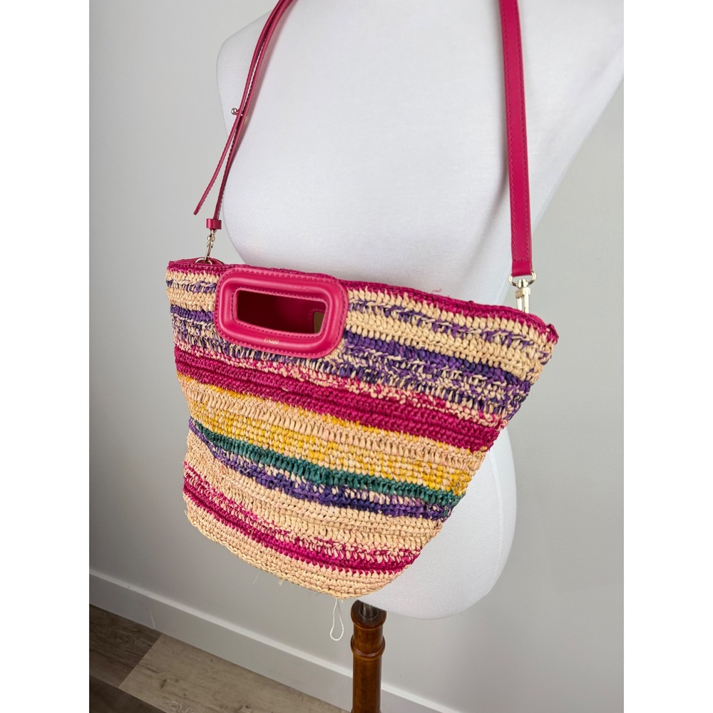 Maje Striped Straw Satchel Multicolor Stripe Pink Raffia Crossbody Euro Summer - Picture 13 of 16